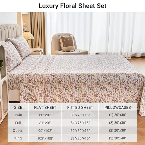 Viviland Floral Queen Sheet Set - 4 Piece Vintage Pink & Yellow Flower Patterned Bed Sheets - Soft, Breathable Microfiber Sheets with Deep Pocket, Non-Slip Fitted Sheets & Pillowcases Viviland