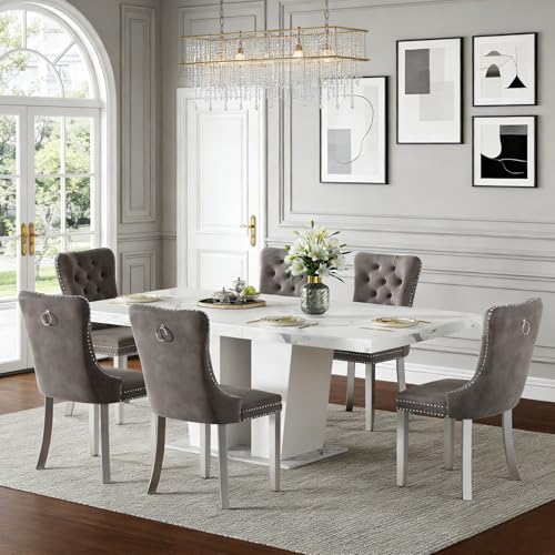 Henf 7 Pieces Faux Marble Dining Table Set for 6, 63"-79" Extendable Dining Room Table and 6 Grey Tufted Chairs Set for 6, Modern Large Expandable Kitchen Table with White Double Columns Base Henf