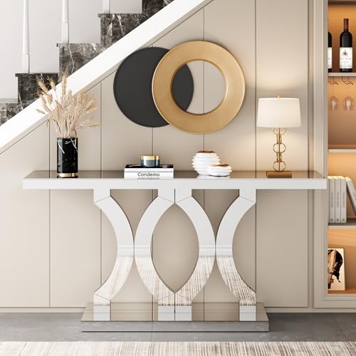 Condemo 55 Inches Mirrored Console Table, Entryway Table with Geometric Base, Modern Sofa Table Behind Couch for Living Room, Accent Table for Hallway, Foyer, Entrance (Silver Mirror) Condemo