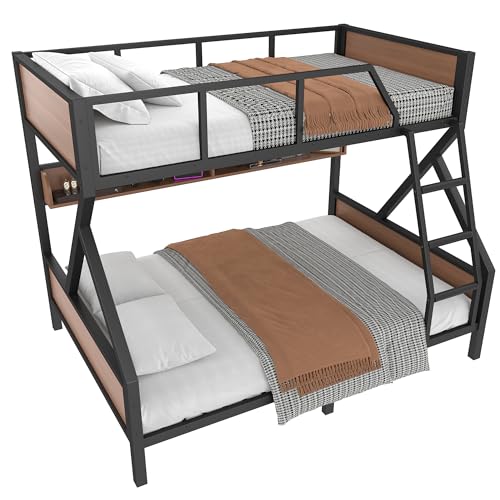 Bellemave Full XL Over Queen Size Bunk Bed with Storage Shelves and LED Lights,Heavy Duty Adult Bunk Beds with Angled Ladder,Metal Queen Bunk Bed,Black Bellemave