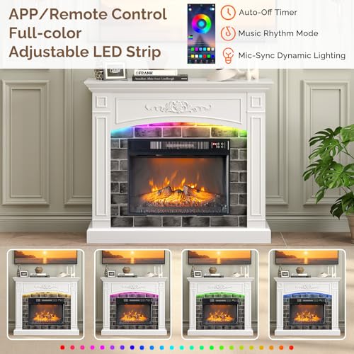 VINGLI 43'' Fireplace TV Stand for up to 55 inch TVs, Electric Fireplace with Mantel, Modern Entertainment Center with Adjustable LED Lights Strips, White Fireplace for Living Room & Bedroom, White VINGLI