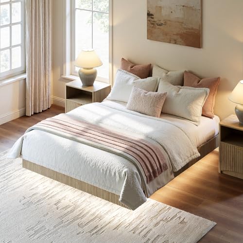 Evermagin Oak Queen Floating Bed Frame with led Lights, Bohemia Fluted 10 Inch High Floating Platform Bed No Headboard, Heavy Duty Metal Float Bedframe, No Box Spring Needed Evermagin