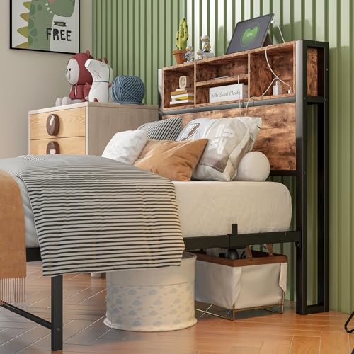 Twin XL Bed Frames with Headboard Storage, Twin Bed Frame with Charging Station, Single Bed Frame with Heavy Duty Metal Slats, No Box Spring Need, Easy Assembly, Rustic Brown Doredo