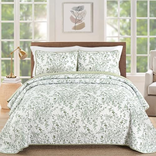 WONGS BEDDING Quilt King Size, Sage Green Quilt Bedding Set with 2 Pillowcases, Botanical Quilt for King Bed, Soft Microfiber Lightweight Coverlet Bedspread for All Season (110"×90", 3 Pieces) WONGS BEDDING