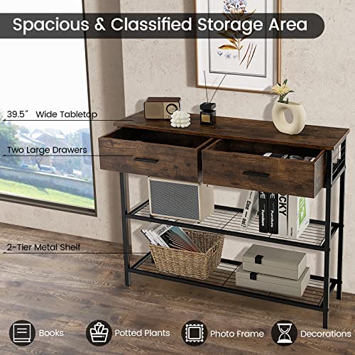 Giantex 39.5” Console Table with Storage Drawer - Entryway Table with 2 Drawers, 2-Tier Shelves, Anti-Toppling Design, Metal Frame, Sofa Side Table for Hallway, Living Room Entry Table (Brown) Giantex