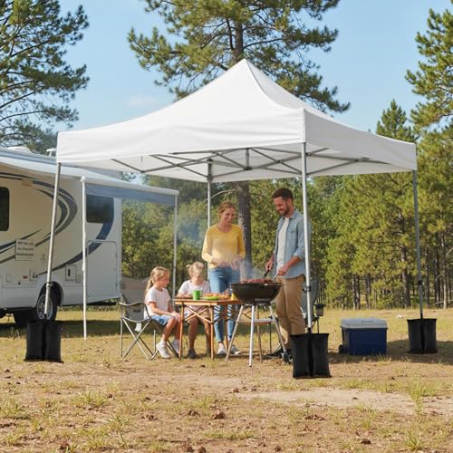 Tangkula 10x10 FT Pop Up Canopy, Outdoor Tent with 3 Sidewalls & Awning, Wheeled Bag, 4 Sandbags, 8 Stake, 4 Ropes, Portable Canopy Tent for Party Picnic Event Beach Camping (White) Tangkula