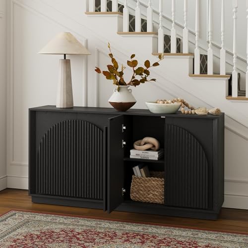WIN2WIN 65" Fluted Sideboard Buffet Cabinet with Storage, Modern Credenza with Double-Layered Arch Doors, Wood TV Media Console Table Accent Cabinet for Living Room Dining Room Hallway Entryway, Black win2win