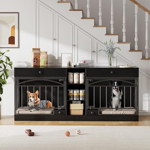 GAOMON Dog Crate Furniture for 2 Dogs, 78.7'' Large Dog Kennel Indoor with 2 Storage Drawers, 3 Shelves and Feeding Bowls, Double Dog Crate TV Stand for Small and Medium Dogs, Black GAOMON