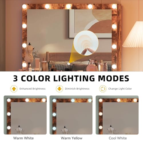 DWVO Vanity Desk with Stool, 4 Drawers, Lighted Makeup Desk with Large Mirror, 3 Color Modes, Outlets & USB Ports DWVO