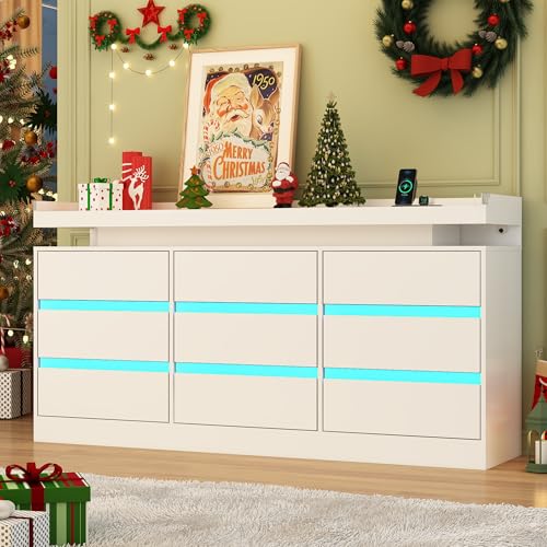 Hlivelood 9 Drawer Dresser with Power Outlet & LED Light, Modern Chest of Drawers for Closet Modern Large Dresser Organizer Cabinet for Bedroom, Living Room, White Hlivelood