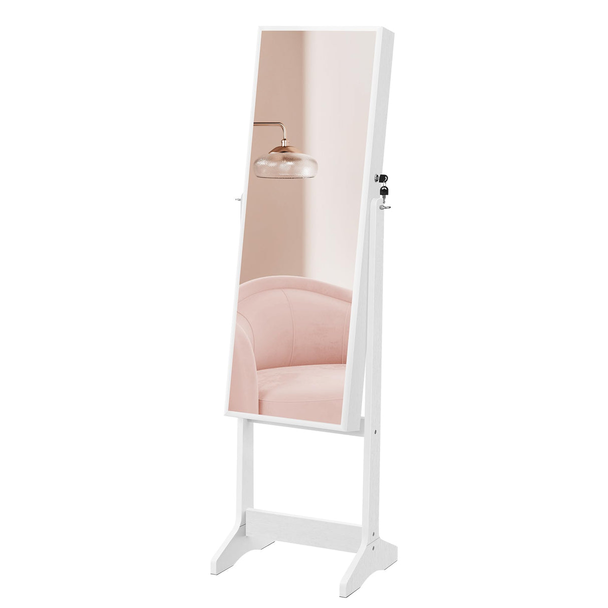 SONGMICS Mirror Jewelry Cabinet Armoire, Standing Full-Length Mirror, Lockable Jewelry Organizer, Gift Idea, White Surface and Black Lining UJJC69WT SONGMICS