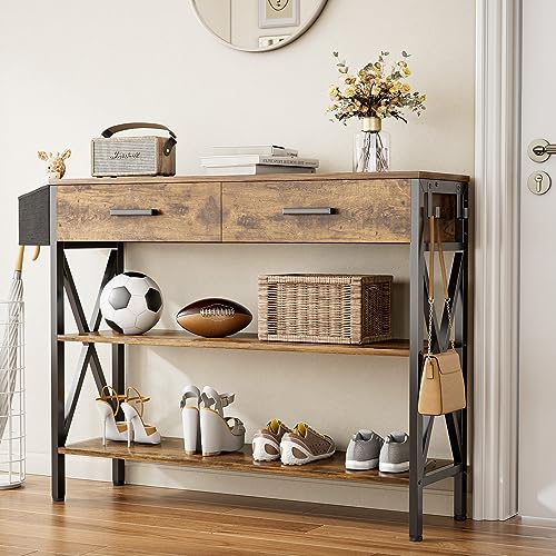Gizoon 39" Rustic Brown Industrial Console Table with 2 Drawers and 3-Tier Storage Shelves Gizoon
