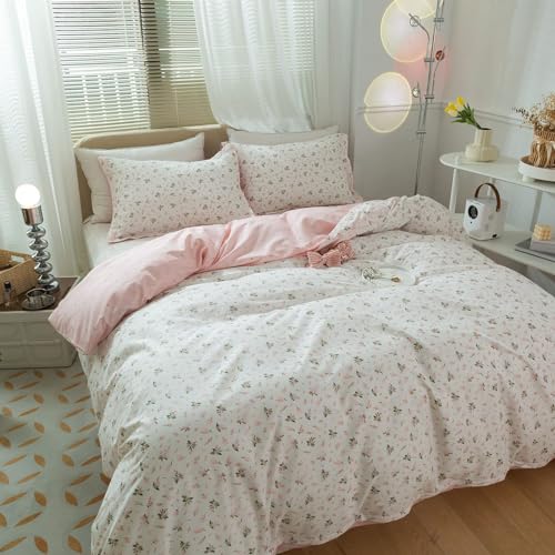 LifeTB Cotton Floral Duvet Cover Queen Girl Pink Flower Bedding Sets Garden Style Cotton Floral Comforter Cover Pink White Floral Bedding Sets Flower Branches Pattern Duvet Cover with Zipper Closure LifeTB