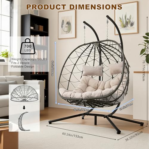 ZOMEYLPO Double Hanging Egg Chair, Hammock Chair with Stand, Swing Chairs with Cushion 700 LBS Capacity for Indoor, Bedroom, Outdoor, Porch, Patio, Beige ZOMEYLPO