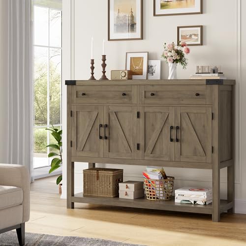 HOSTACK Buffet Sideboard Cabinet with Storage, 47.2‘’ Modern Farmhouse Coffee Bar with 2 Drawers, Barn Doors Console Table with Shelf for Kitchen, Dining Room, Living Room, Entryway (Rustic Brown) HOSTACK