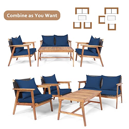 Tangkula 4-Piece Patio Furniture Set, Outdoor Acacia Wood Conversation Set with Cushions and Coffee Table, Outdoor PE Wicker Sectional Sofa Set for Garden, Poolside and Backyard (1, Navy) Tangkula
