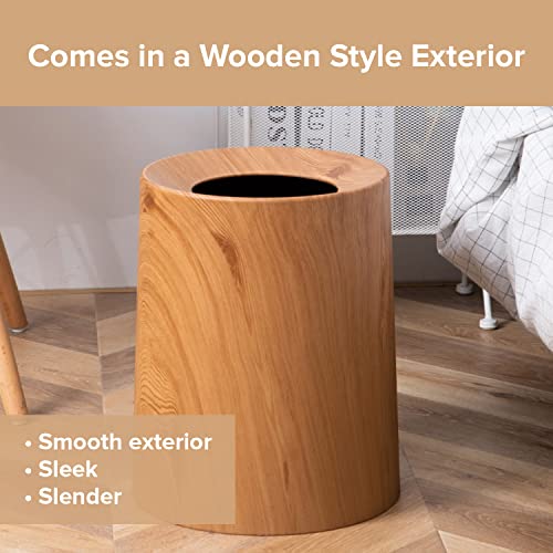 Anti Spill Wood Style Waste Basket - Kids and Pet Proof Garbage Container - Open Top Indoor Outdoor Trash Can - 12L/3.2Gal Capacity - Patio Garbage Can - Round Sleek Garbage Bin - 10inx10inx12in Trashaholic