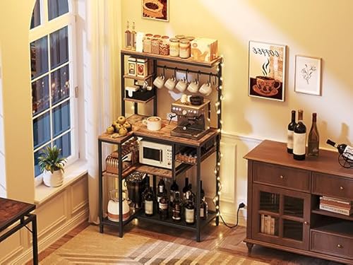 YATINEY Coffee Bar, Bakers Rack with Power Outlet, Large Microwave Stand with Wire Basket and 6 Hooks, Kitchen Storage Rack, Versatile Coffee Station for Living Room, Home Cafe, Rustic Brown HB10UBR