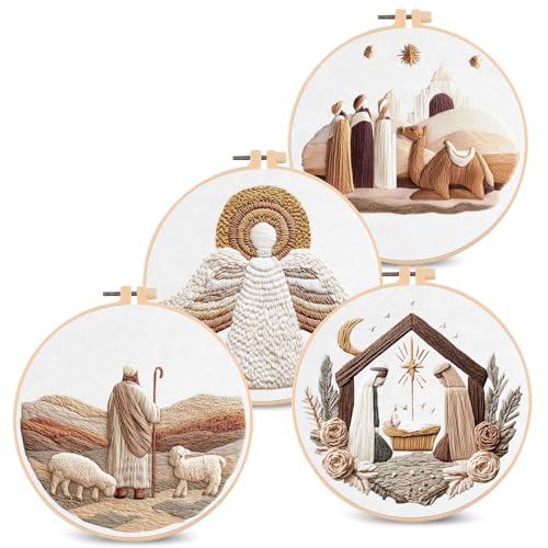 Santune Christian Embroidery kit,Nativity Scene Needlepoint Cross Stitch Kits for Beginners Adult,Needle Point Sets,4 Embroidery,2 Hoops,Christmas Ornaments