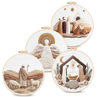 Santune Christian Embroidery kit,Nativity Scene Needlepoint Cross Stitch Kits for Beginners Adult,Needle Point Sets,4 Embroidery,2 Hoops,Christmas Ornaments