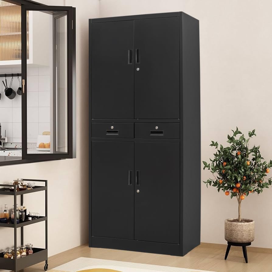 CJF Metal Storage Cabinet with Adjustable Shelves and Drawers, Locking Steel Storage Cabinet for Pantry, Office, Garage, Home, School, Utility (Black) CJF