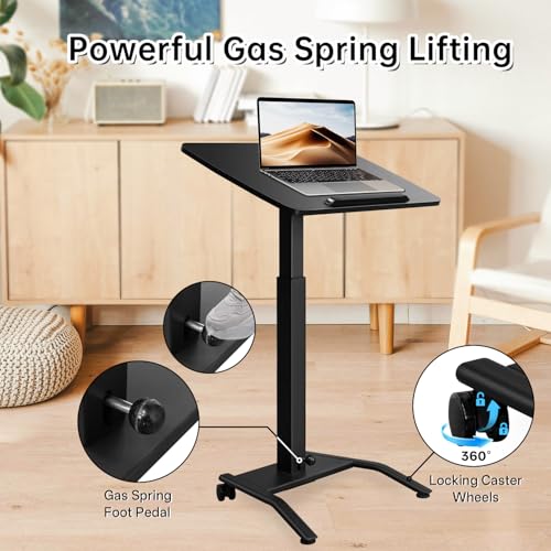 JSJCCTESK Mobile Standing Desk with 45° Tilting Desktop, Portable Rolling Standing, Height Adjustable Sit Stand Foldable with Wheels, Mobile Desk Workstation for Home Office (Black, Large) JSJCCTESK