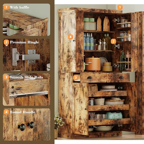 IRONCK Kitchen Pantry Cabinet with Sliding Storage Rack and 6 Hanging Shelves, 72" Height Tall Freestanding Cupboard for Living Room, Dining Room, Laundry, Vintage Brown IRONCK