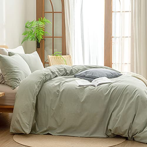 BESTOUCH Duvet Cover Set 100% Washed Cotton Linen Feel Super Soft Comfortable Chic Lightweight 2 PCs Home Bedding Set Solid Sage Green Twin/Twin XL BESTOUCH