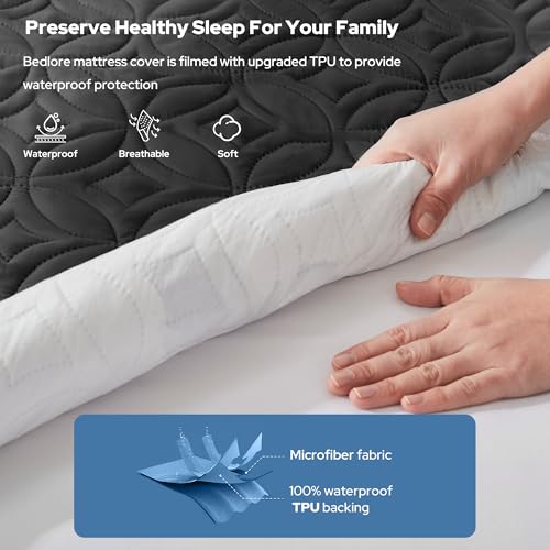 BEDLORE Waterproof Mattress Protector, Twin Size Mattress Pad with Deep Pocket 6"-15" Depth, Soft Breathable Dirt-Proof Single Bed Mattress Cover for Bedroom, Dorm Room (Black) BEDLORE