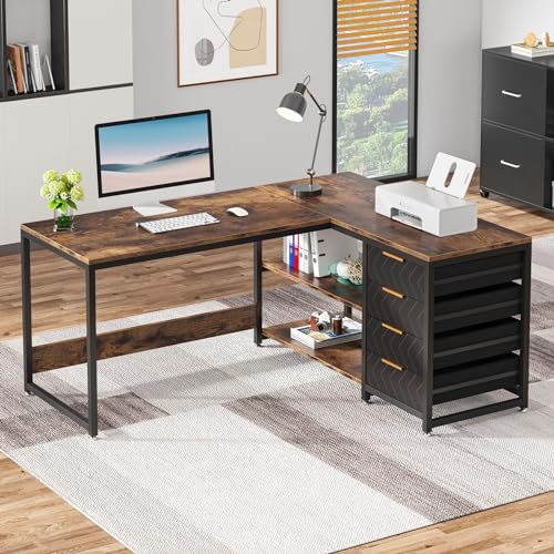 Tribesigns L Shaped Computer Desk with Storage Drawers, 59 inch Corner Desk with Shelves, Reversible L-Shaped Office Desk Study Writing Table Workstation for Home Office, Brown Tribesigns