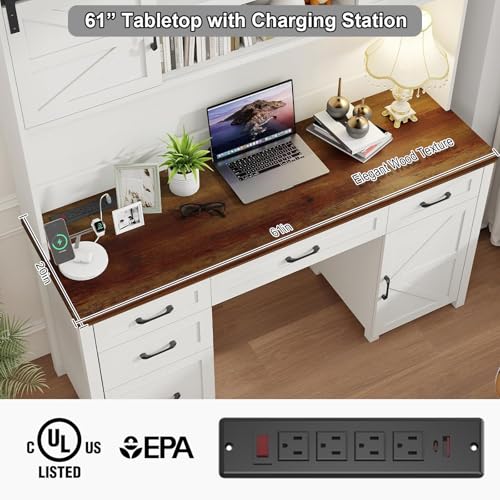 Farmhouse 67" H Executive Desk with Hutch,Office Desk with 5 Drawers, Computer Desks with Storage Cabinet & File Drawers and Charging Station, Workstation for Home Office and Study.(Unique White). Vabches