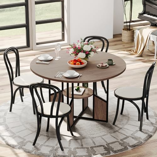 IDEALHOUSE 47 Inch Round Dining Table for 4-6 Person, Farmhouse Kitchen Table with Storage Shelf, Wood Circle Breakfast Nook Set with Metal Base for Small Space, Apartment, Dining Room, Walnut IDEALHOUSE