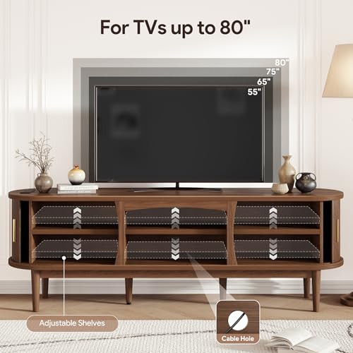 Decofy Mid Century TV Stand for TVs up to 80 Inches, Entertainment Center with Storage, Power Outlet, Fluted Sliding Doors & Adjustable Shelves, Modern Media TV Console Table for Living Room (Walnut) Decofy