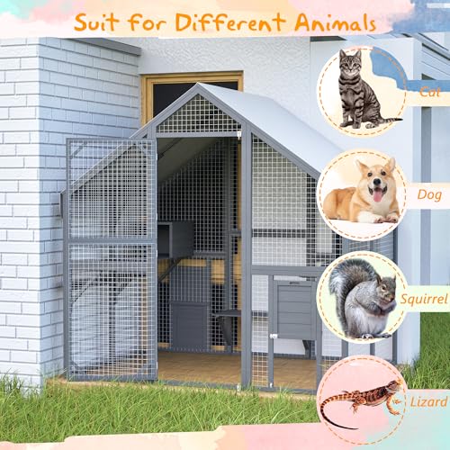YOPTO 28ft² Large Outdoor Cat House, Luxury Wooden Walk-in Catio Enclosure with 2 Doors & 2 Hiding Houses, Escape-Proof Locks + Waterproof Roof - Customizable Multi-Cat Playpen (Gray) YOPTO
