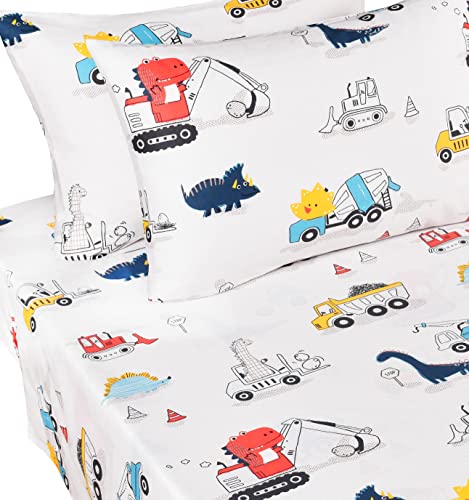 J-pinno Dinosaur Construction Work Digger Cars Vehicle Cute Cozy Fun Full Sheet Set for Kids Girls Children 100% Cotton Flat Sheet + Fitted Sheet + Piillowcase Bedding Set (Dinosaur, Full) J-pinno