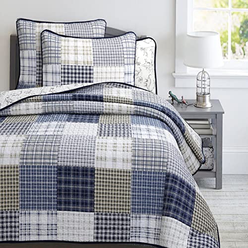 Cozy Line Home Fashions Benjamin Cute Dinosaur Plaid Navy Blue White Grey Bedding Quilt Set 100% Cotton Reversible Coverlet Bedspread Set for Kids Boy(Twin - 2 Piece) Cozy Line Home Fashions