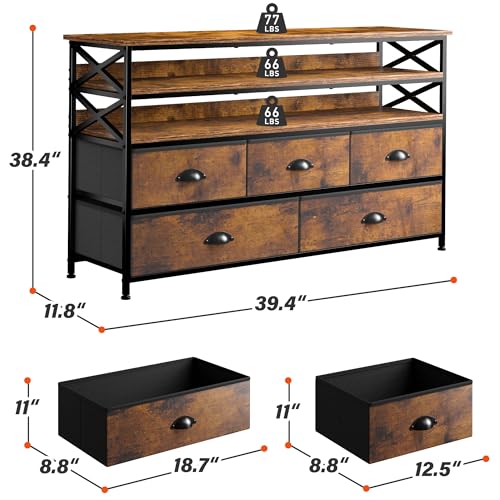 EnHomee Dresser TV Stand Entertainment Center with Fabric Drawers Media Console Table with Wood Open Shelves for 55" TV Storage Drawer Dresser for Bedroom, Living Room, Entryway, Rustic Brown EnHomee