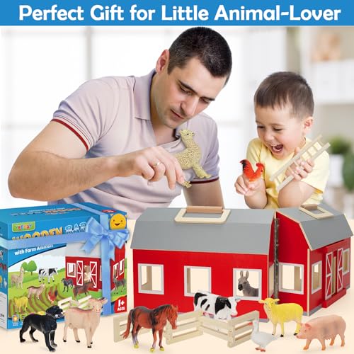 YEEBAY Farm Animals Toys for 3+ Year Old Kids Toddlers Girls Boys, Large Wooden Barn with Animal Play Figures, Farm Playset Educational Learning Toys, Ideal Christmas Birthday Gifts YEEBAY
