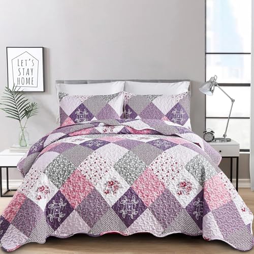 Dinjoy Purple Quilt Set Queen Size, Reversible Floral Plaid Patchwork Pattern Bedding Set Soft Microfiber Lightweight Bedspread Coverlet 3 Piece Spring Summer Use (90x90 inches) Dinjoy