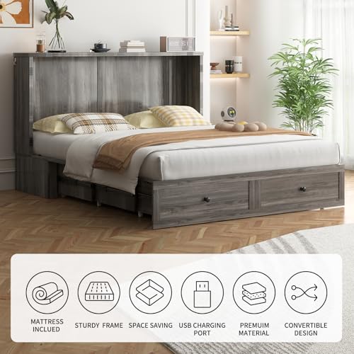 PUREMIND Cabinet Bed - Queen Murphy Bed with Mattress Included - Murphy Bed Queen with Storage Drawers, USB Charging Station, Headboard, Space Saving Wallbed for Guest Room and Small Space PUREMIND