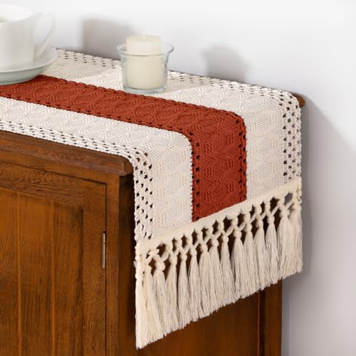 DeZerlor Boho Macrame Table Runner Terracotta Fall Farmhouse Woven Small Table Runner with Tassels 48 Inches Ivory& Rust Cotton Linen Kitchen Table Centerpiece for Dining Dresser Home Tea Table Decor DeZerlor