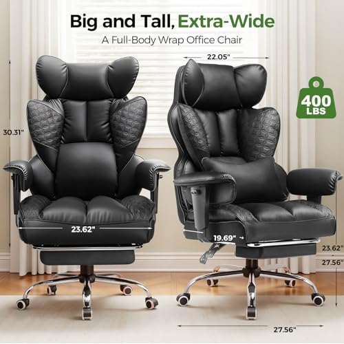 GTPOFFICE Big and Tall Office Chair 400LBS Wide Seat Computer Gaming Chair with Footrest & Comfy Lumbar Support, Leather High Back Executive Chair with Ergonomic Pressure Relief Seat Cushion, Black GTPOFFICE