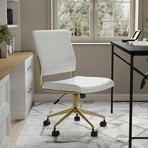 Martha Stewart Ivy Armless Swivel Task Chair for Home Office in White Faux Leather with Polished Brass Frame Martha Stewart