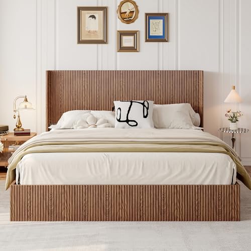MoproBeti Lift Up Storage Bed King, Mid Century Hydraulic Lift King Storage Bed with Raised Wingback Headboard, Space Saving Storage, Heavy Duty Steel & Wood Slats,No Box Spring Needed,Natural MoproBeti