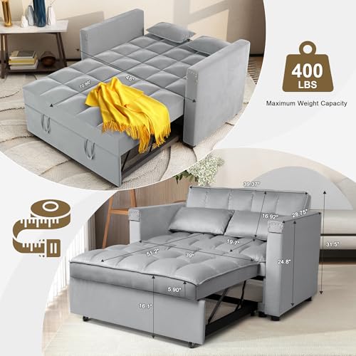 Convertible Sofa Bed, 3-in-1 Multi-Functional Velvet Sleeper Couch Pull-Out Bed, 48'' Loveseat Chaise Lounge with Adjustable Backrest and Pillows, Hidden Side Table for Living Room, Small Space ORRD