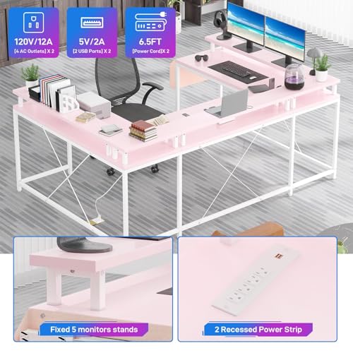 ElfinAura 78" U-Shaped Computer Desk - Reversible L-Shape Design with Built-in Power Strip, LED Lighting & Monitor Stand, Gaming Desk with Storage Shelves & Hooks - Pink. ElfinAura