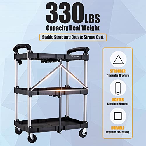 FUTURELAB Portable Folding Service Cart - 3 Tier 330LBS Capacity - Rolling Cart Utility Cart Foldable Cart with Wheels for Warehouse Home Workshops FUTURELAB