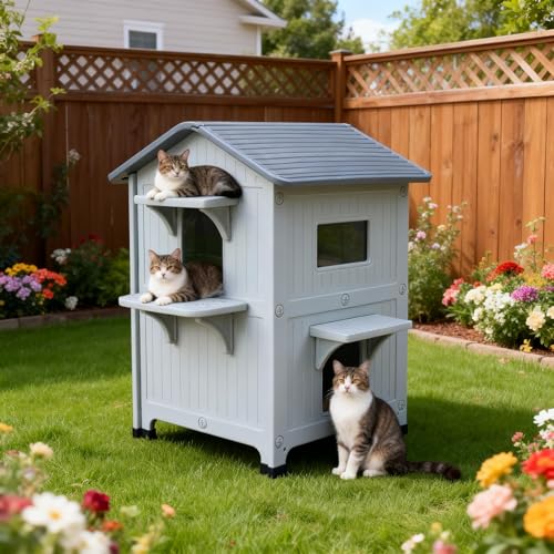 Weatherproof Outdoor Insulated Cat House for Feral Multi Cat, 2 Storey Plastic Elevated Cat Shelter with Escape Door, Easy Assemble, Expansive Interior Grey 34" D x 21" W x 21.5" H HiCaptain