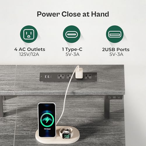 Huuger 55 Inch Computer Desk with Power Outlets and LED Lights, Gaming Desk with 4 Drawers, Office Desk with Monitor Stand, Study Work, Home Office, Gray Huuger