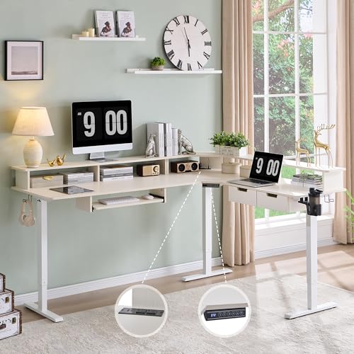 RedLemon 75X60 Inches L Shaped Electric Standing Desk, Height Adjustable Corner Gaming Desk with Drawers, Keyboard Tray, Power Outlets & LED Lights, Computer Desk with Monitor Shelf, Antique White RedLemon